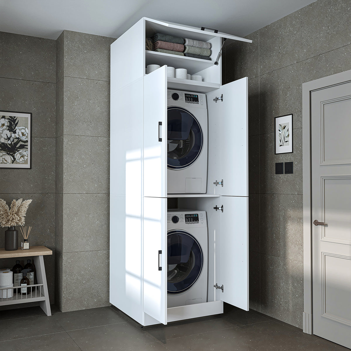 Roomart Dora Flex - 2-in-1 Cabinet for Washing Machine with Storage Shelves or Dryer Stacker