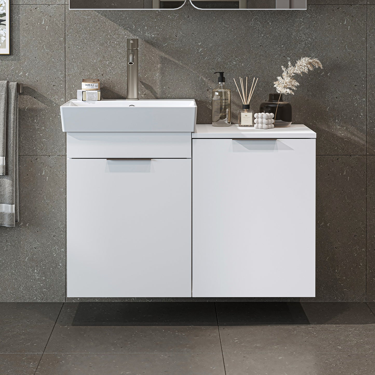 Roomart Dubai - Wall Hung Bathroom Vanity Unit with Basin & Laundry Tilt Cabinet - 92cm