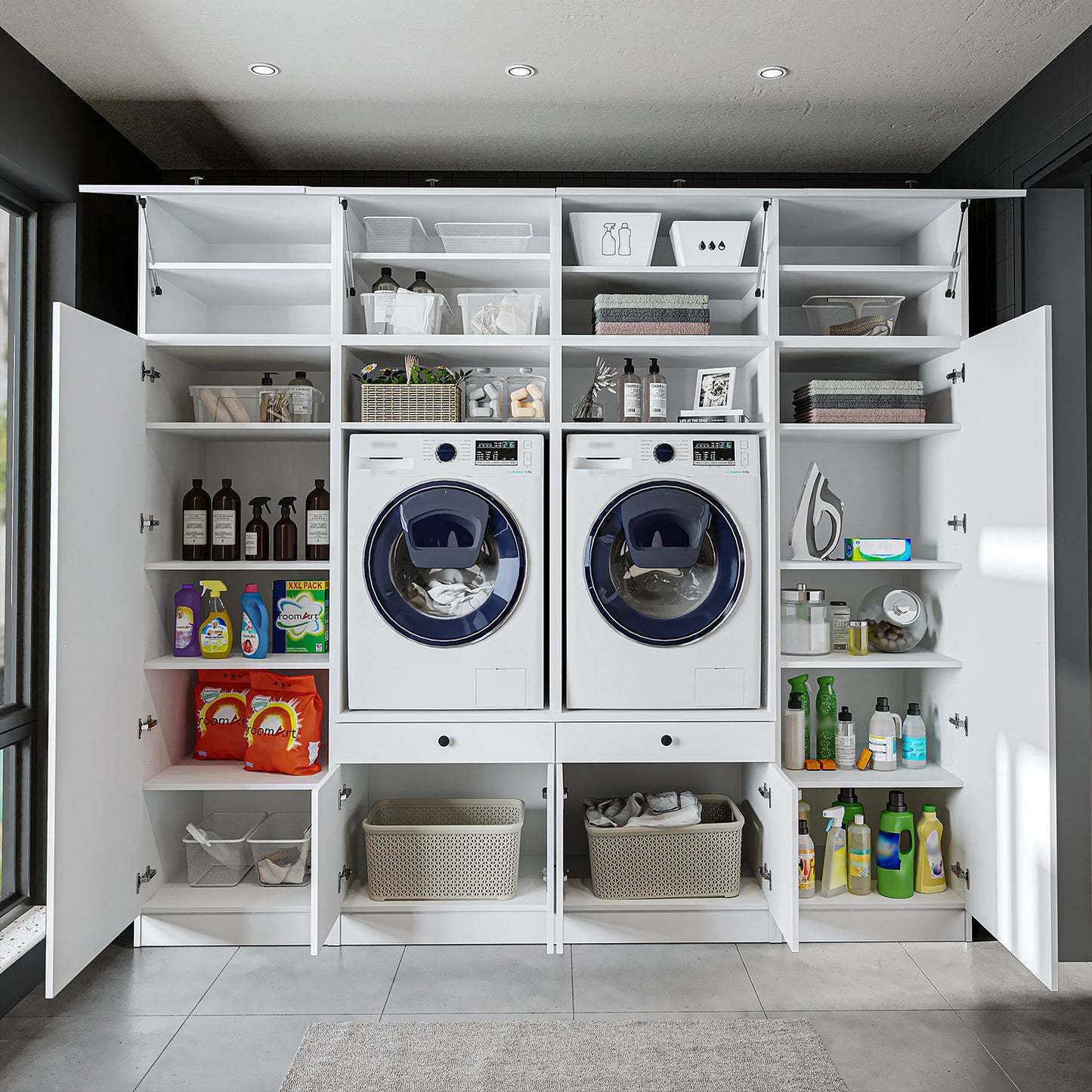 Roomart 1000 Luxe Line — Twin Washer & Dryer with Matching Side Cabinets