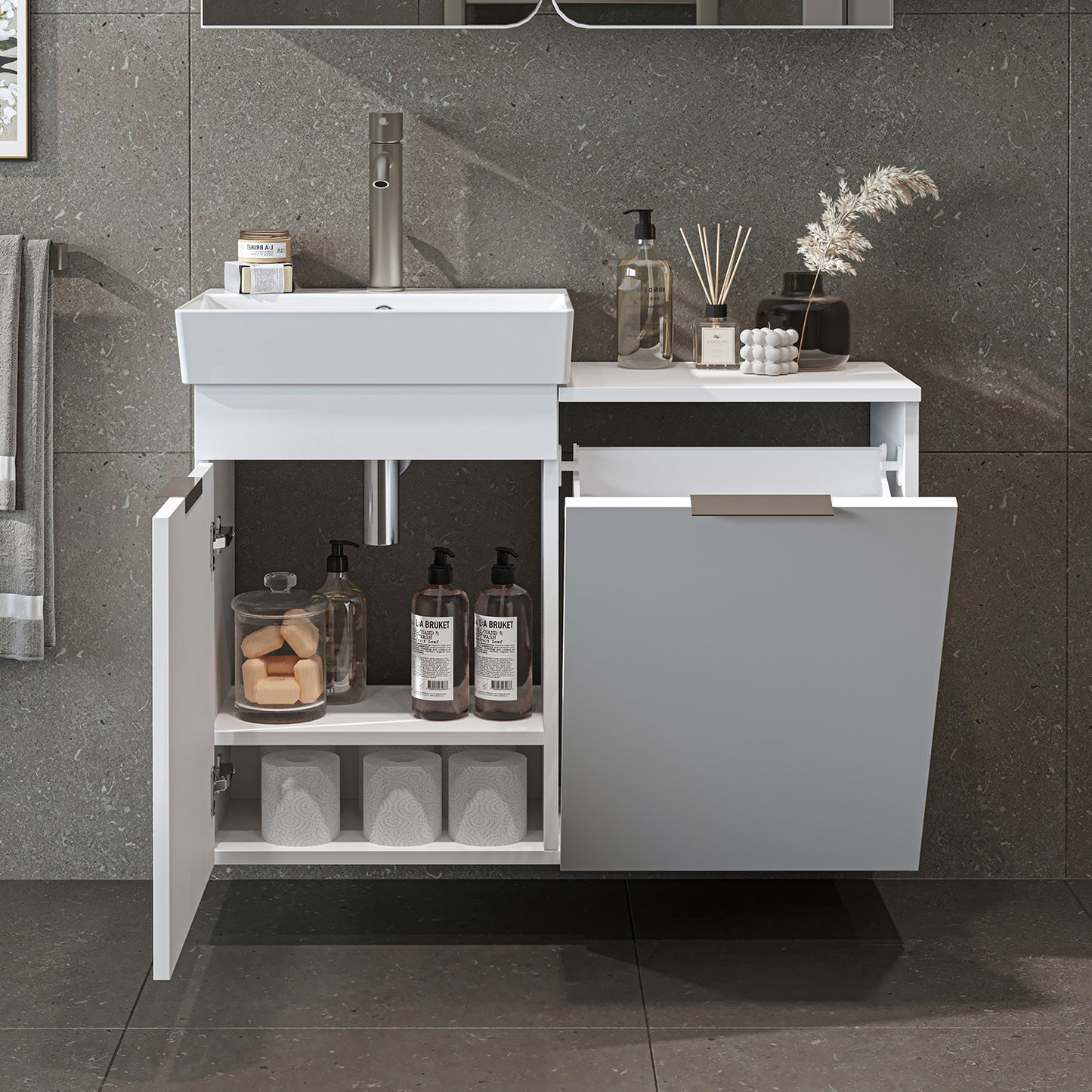 Roomart Dubai - Wall Hung Bathroom Vanity Unit with Basin & Laundry Tilt Cabinet - 92cm