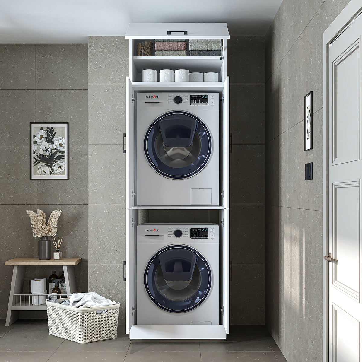 Roomart Dora Flex - 2-in-1 Cabinet for Washing Machine with Storage Shelves or Dryer Stacker
