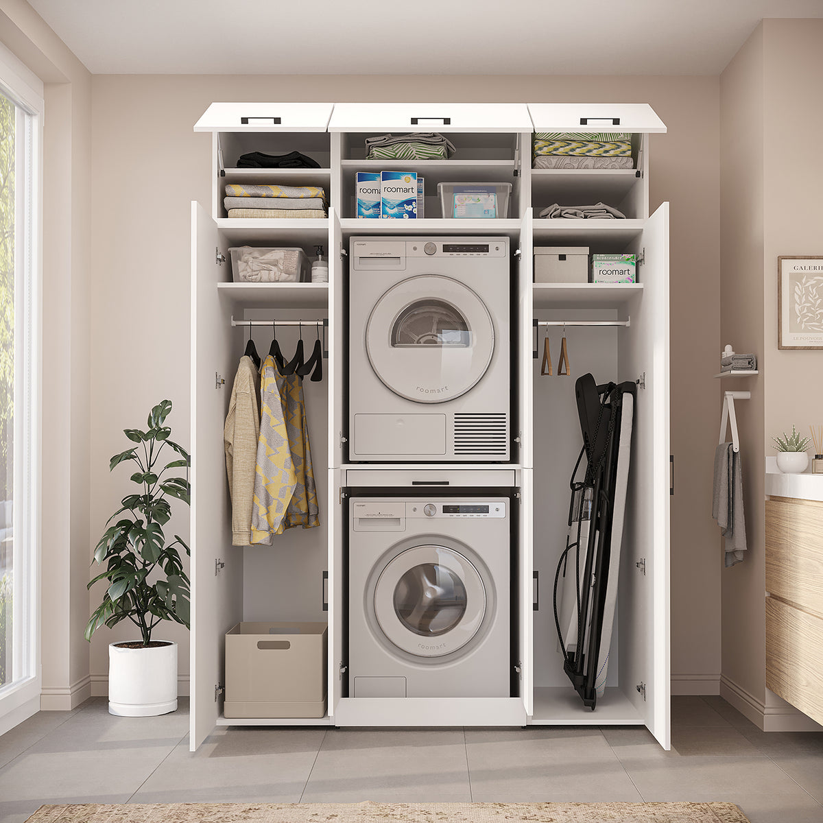 Roomart Dora Wall - Washer & Dryer Cabinet with Side Storage - 160cm