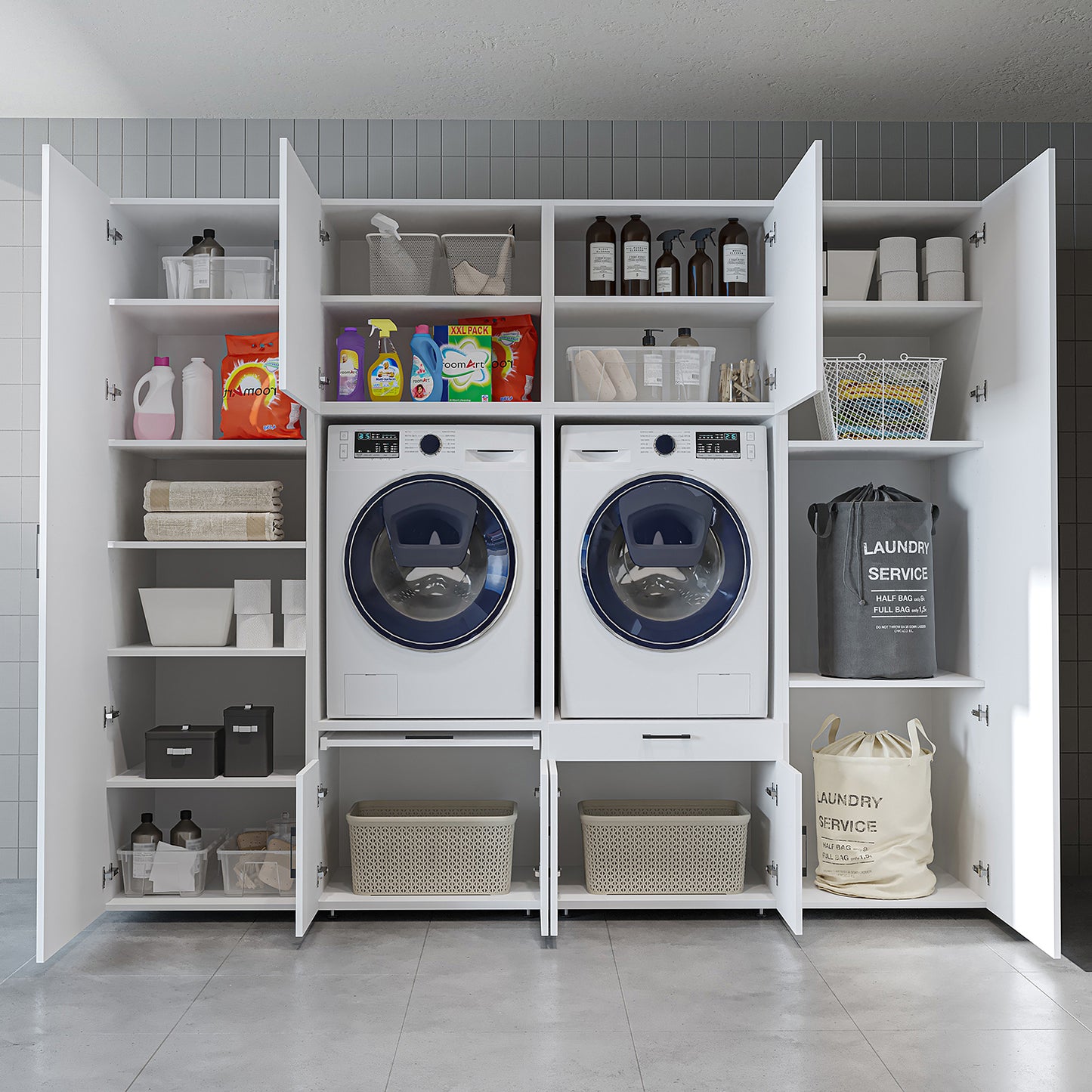 The Roomart A Luxe Line - Twin Washer & Dryer Cabinet Set with Side Storage Units