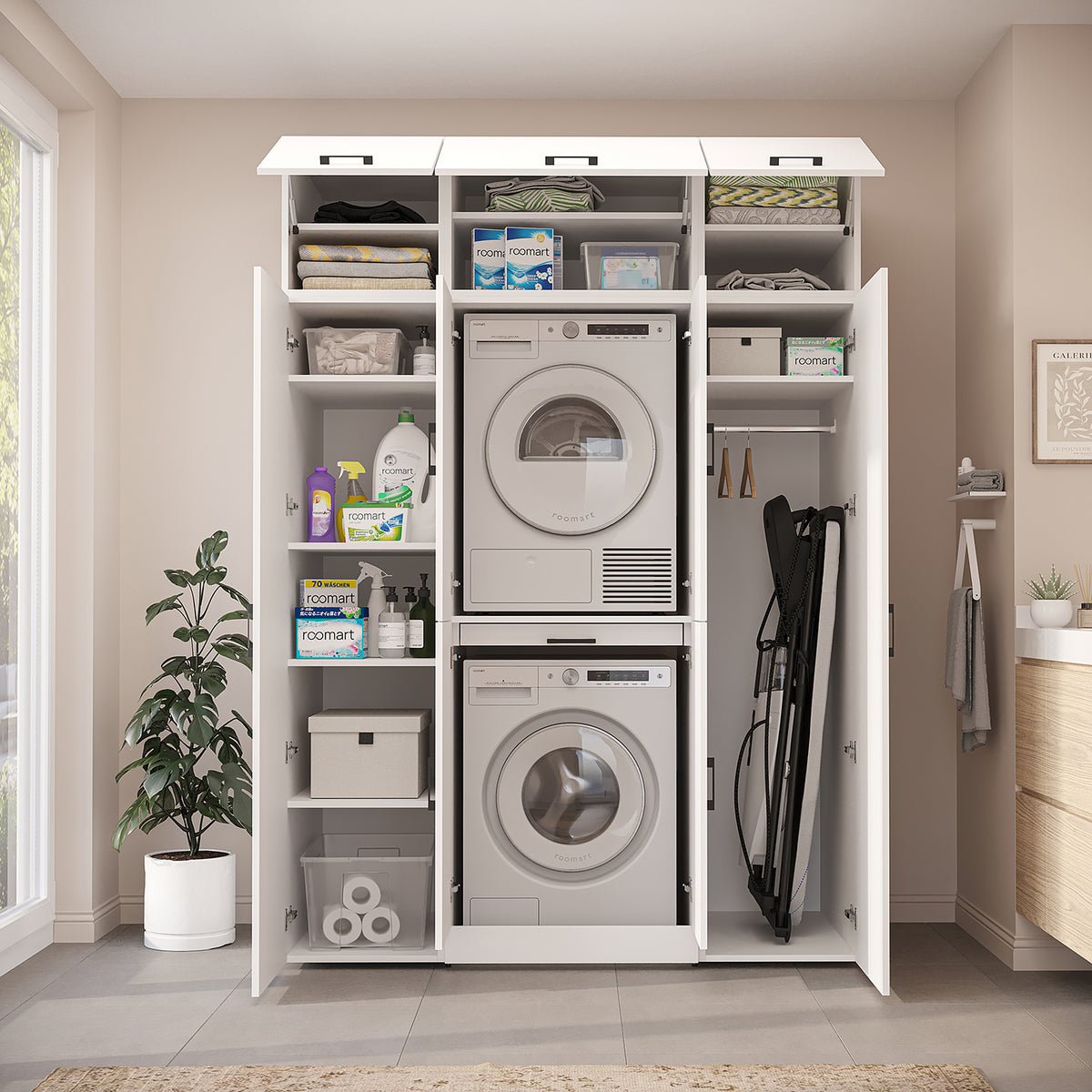 Roomart Dora Wall - Washer & Dryer Cabinet with Side Storage - 160cm