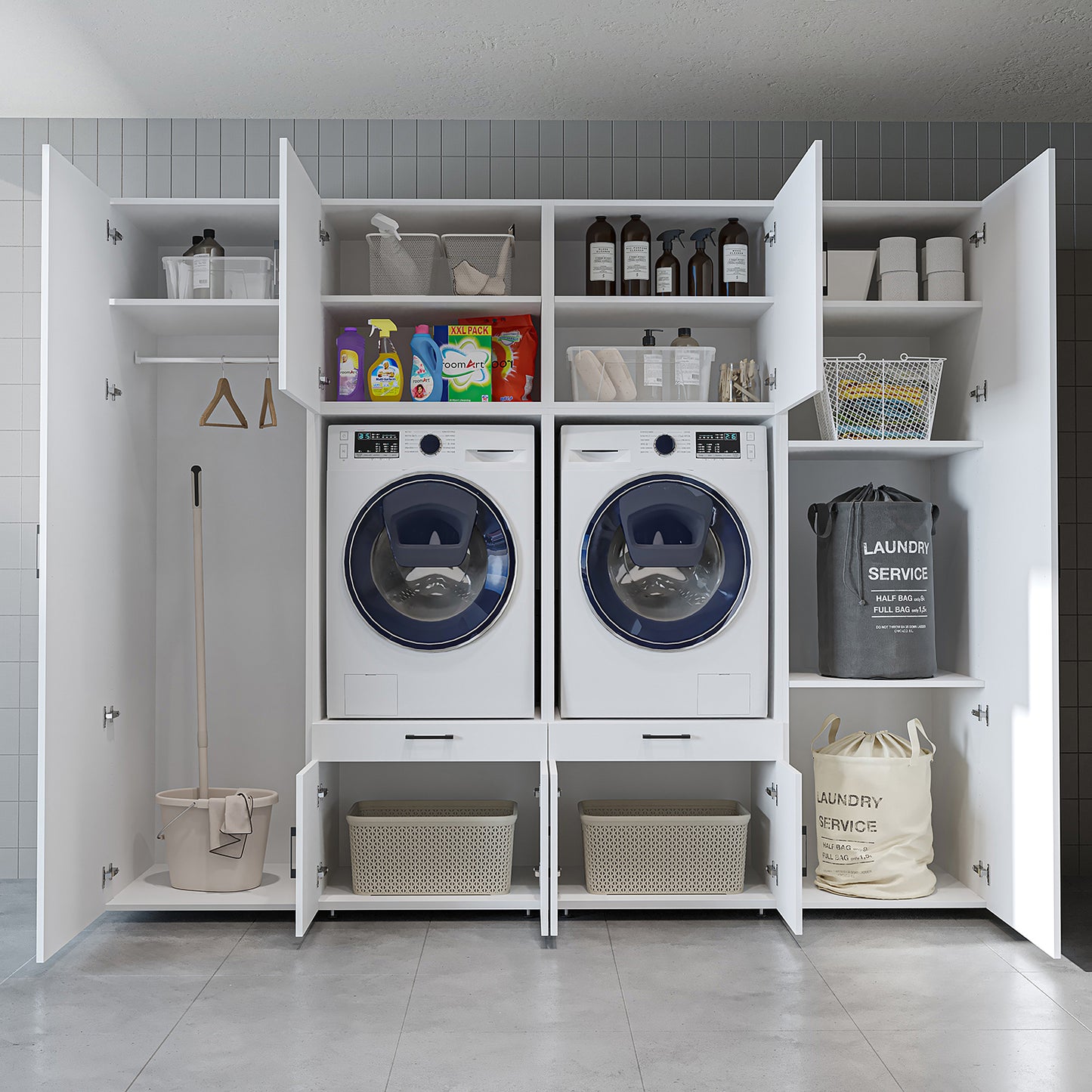 The Roomart A Luxe Line - Twin Washer & Dryer Cabinet Set with Side Storage Units