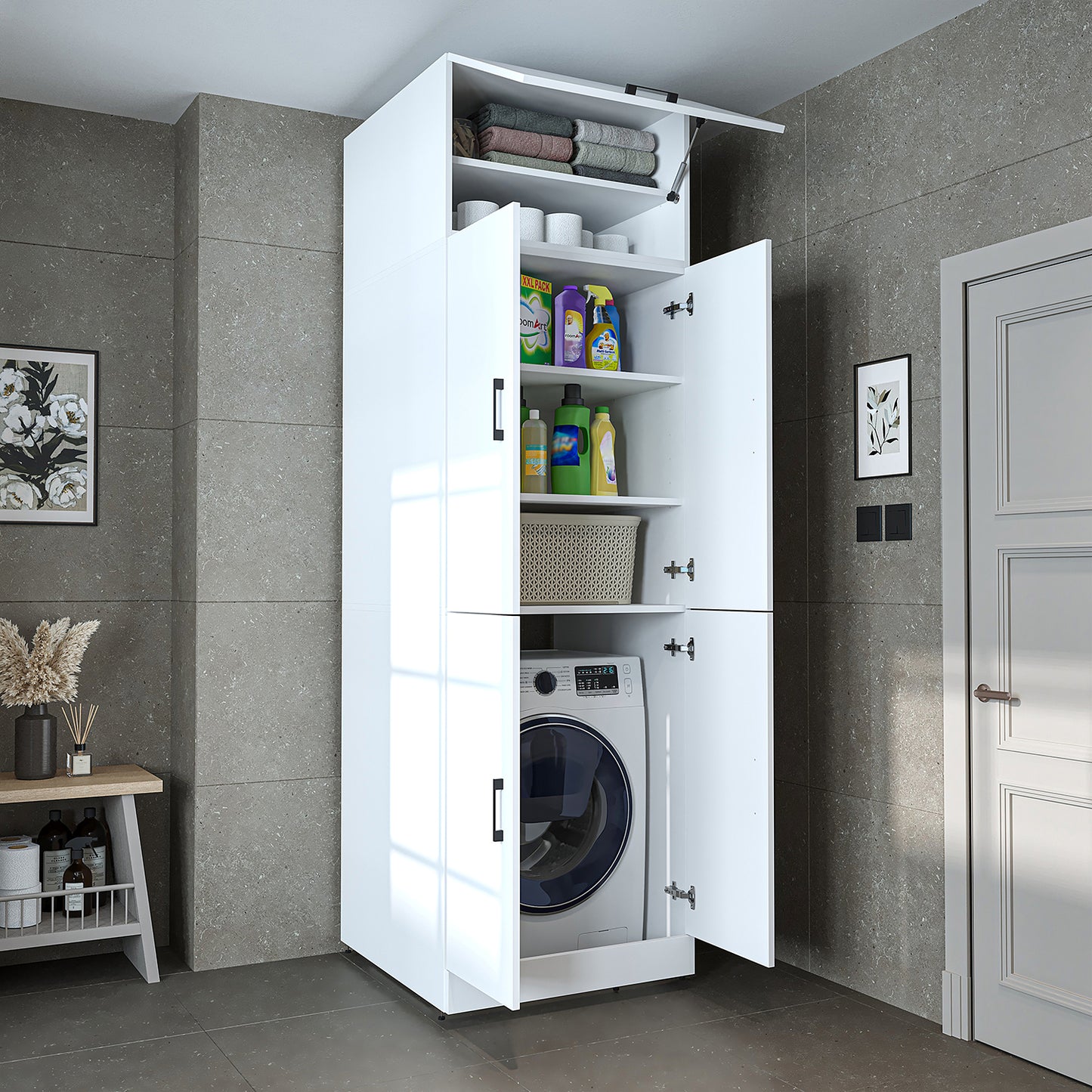 Roomart Dora Flex - 2-in-1 Cabinet for Washing Machine with Storage Shelves or Dryer Stacker