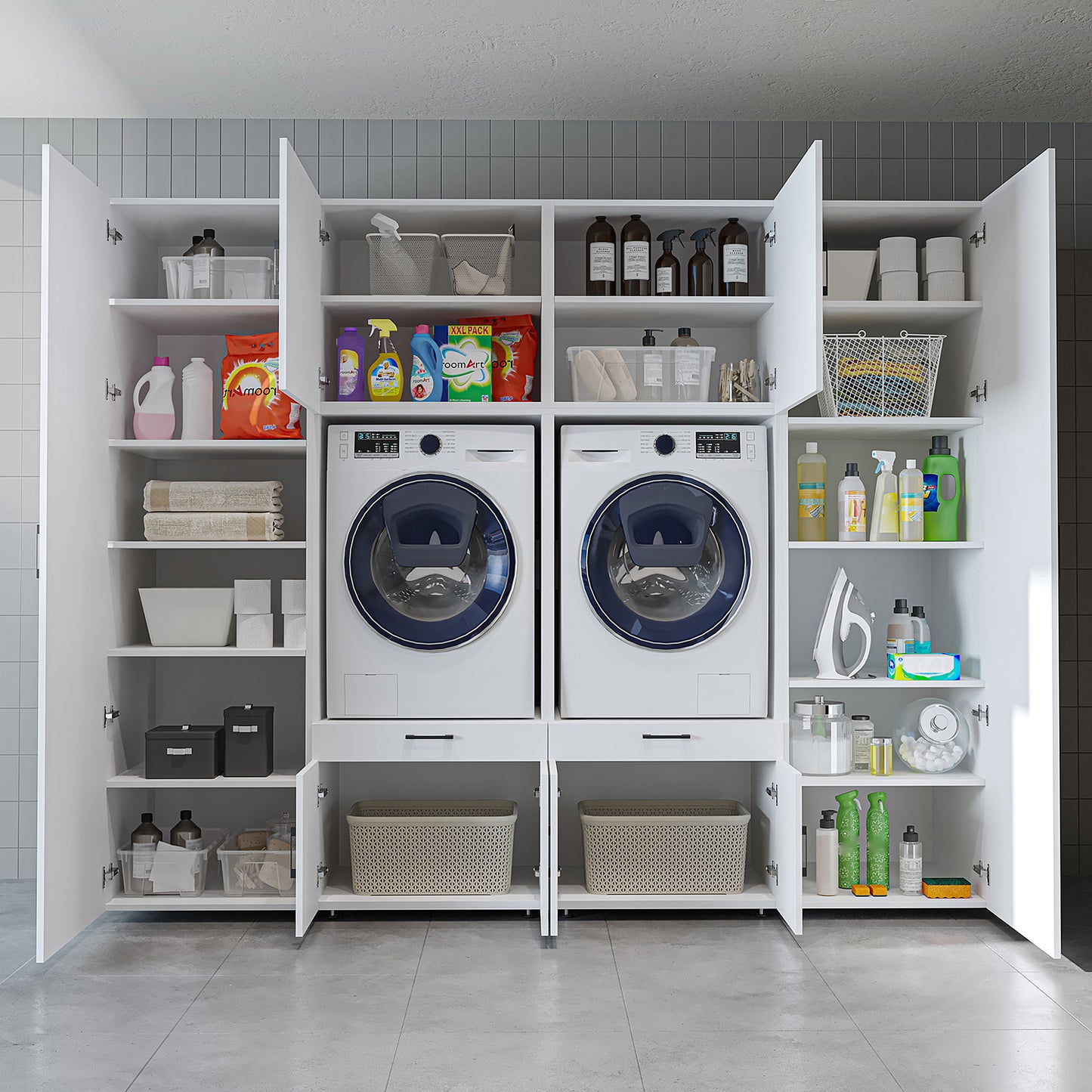 The Roomart A Luxe Line - Twin Washer & Dryer Cabinet Set with Side Storage Units