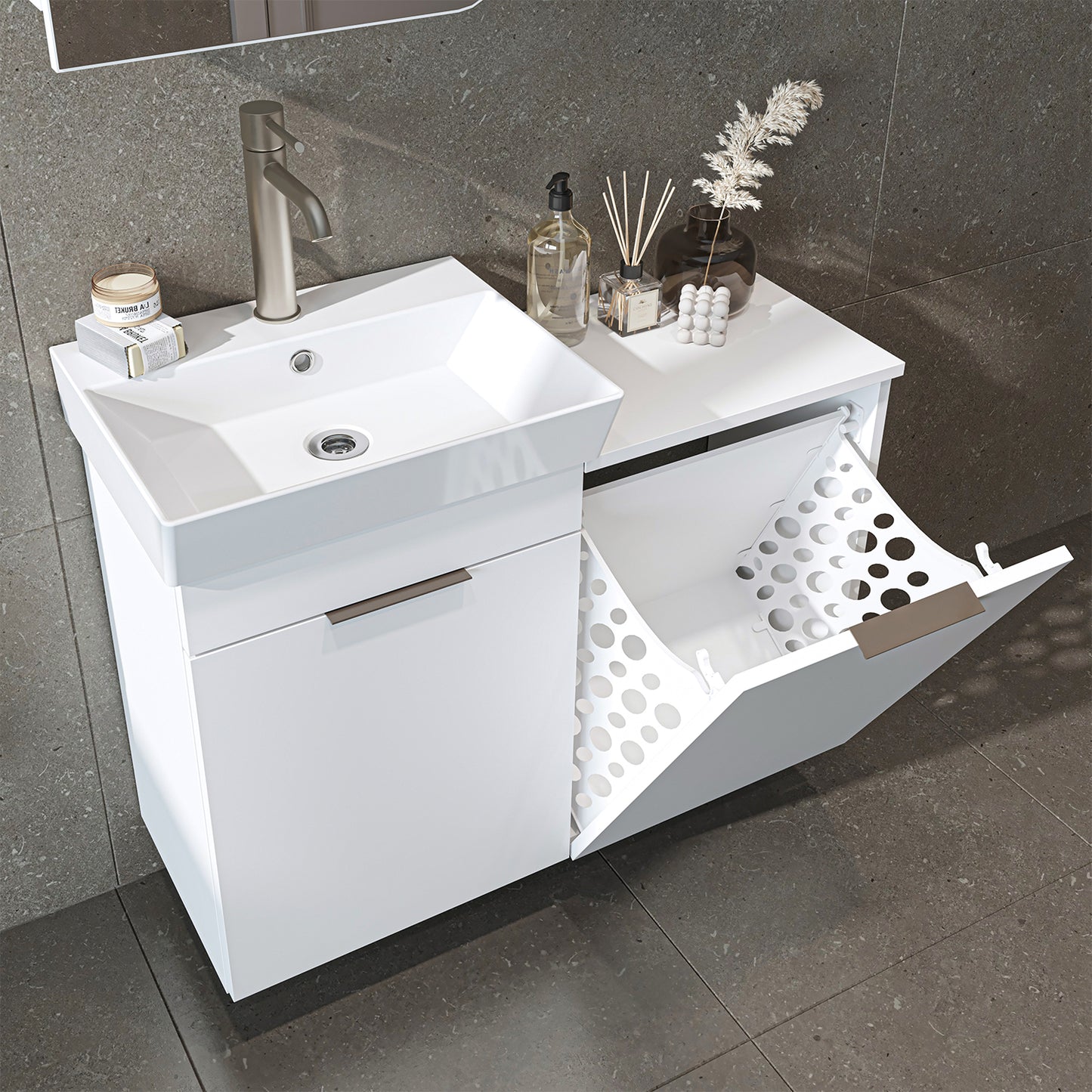 Roomart Dubai - Wall Hung Bathroom Vanity Unit with Basin & Laundry Tilt Cabinet - 92cm