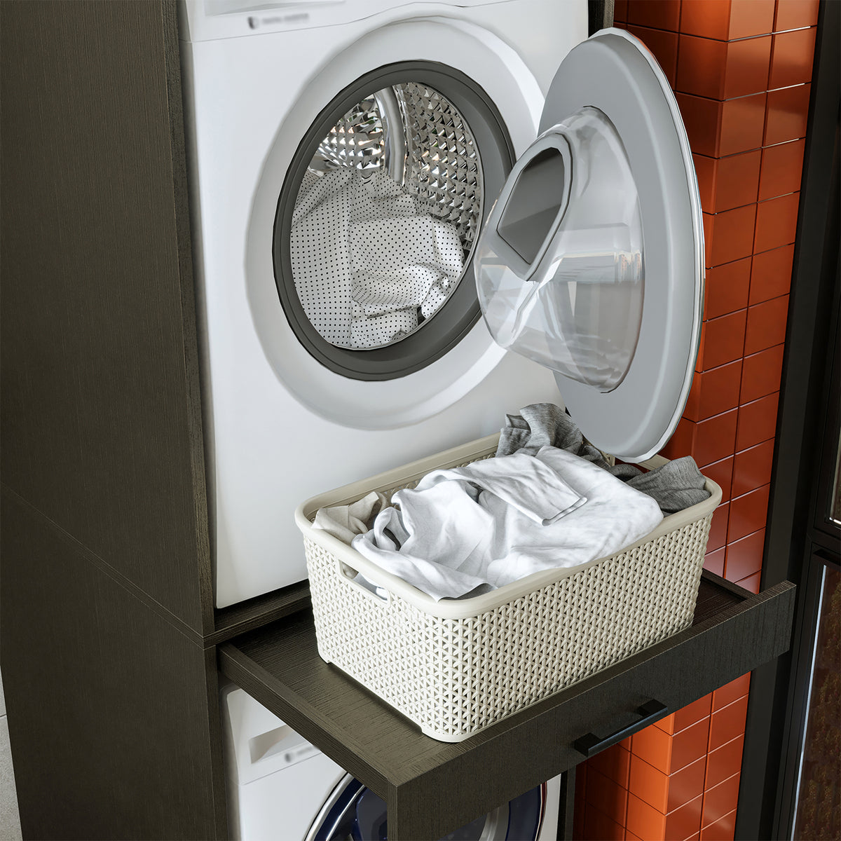 Roomart D Cabinet - Washer Dryer Stacker with Pull-Out Tray, Black Oak