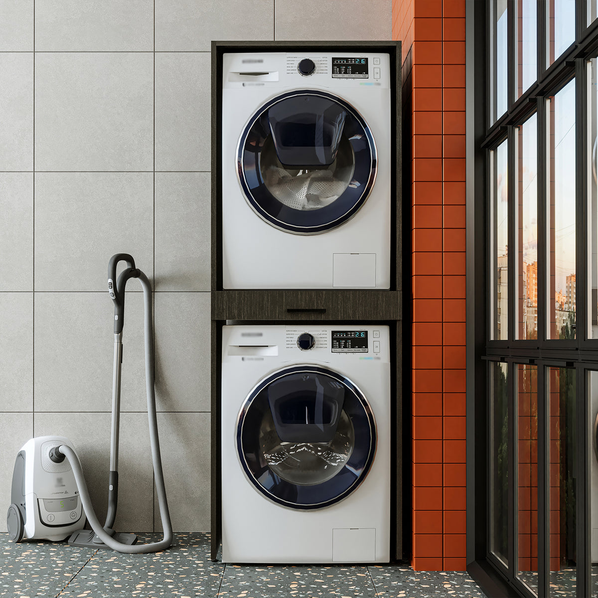 Roomart D Cabinet - Washer Dryer Stacker with Pull-Out Tray, Black Oak