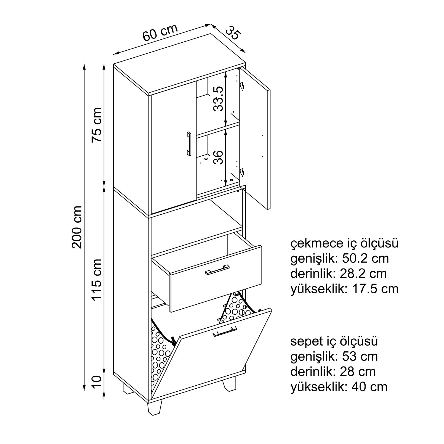 roomart kirli çamaşır sepetli dolap ölçüleri