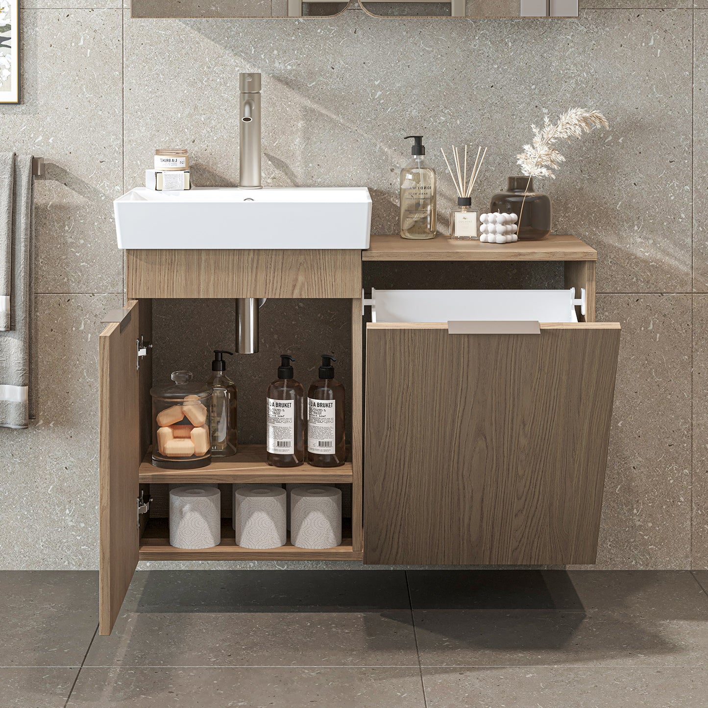 Roomart Dubai - Wall Hung Bathroom Vanity Unit with Basin & Laundry Tilt Cabinet - 92cm