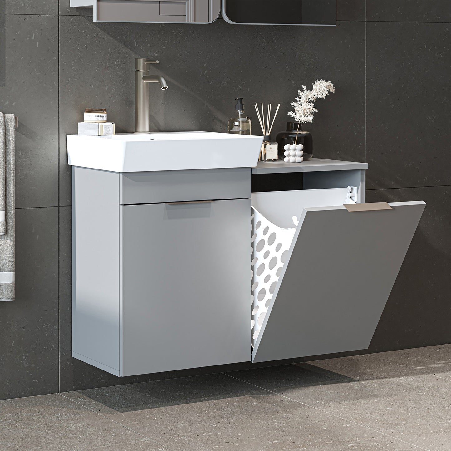 Roomart Dubai - Wall Hung Bathroom Vanity Unit with Basin & Laundry Tilt Cabinet - 92cm