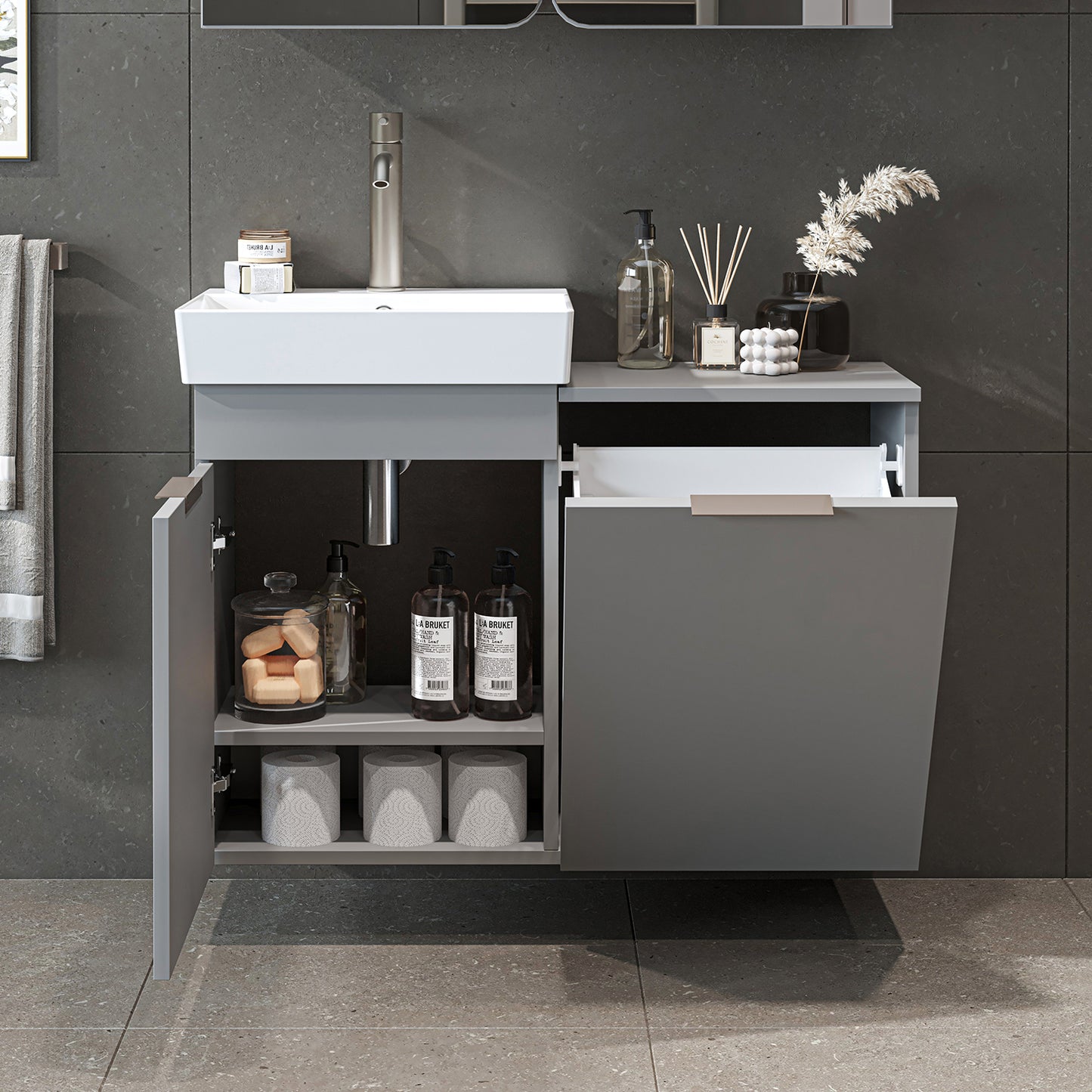 Roomart Dubai - Wall Hung Bathroom Vanity Unit with Basin & Laundry Tilt Cabinet - 92cm