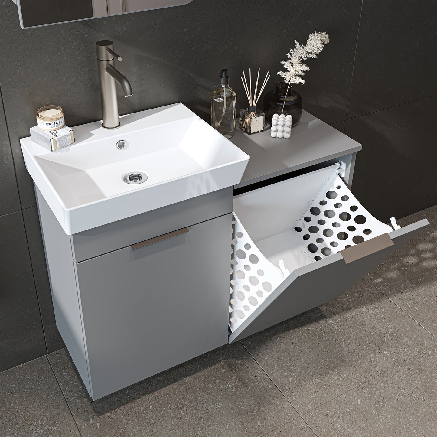 Roomart Dubai - Wall Hung Bathroom Vanity Unit with Basin & Laundry Tilt Cabinet - 92cm