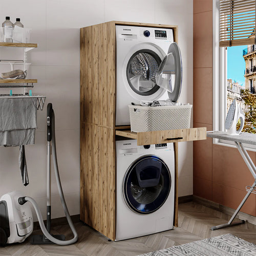 Roomart D Cabinet - Washer Dryer Stacker with Pull-Out Tray, Oak