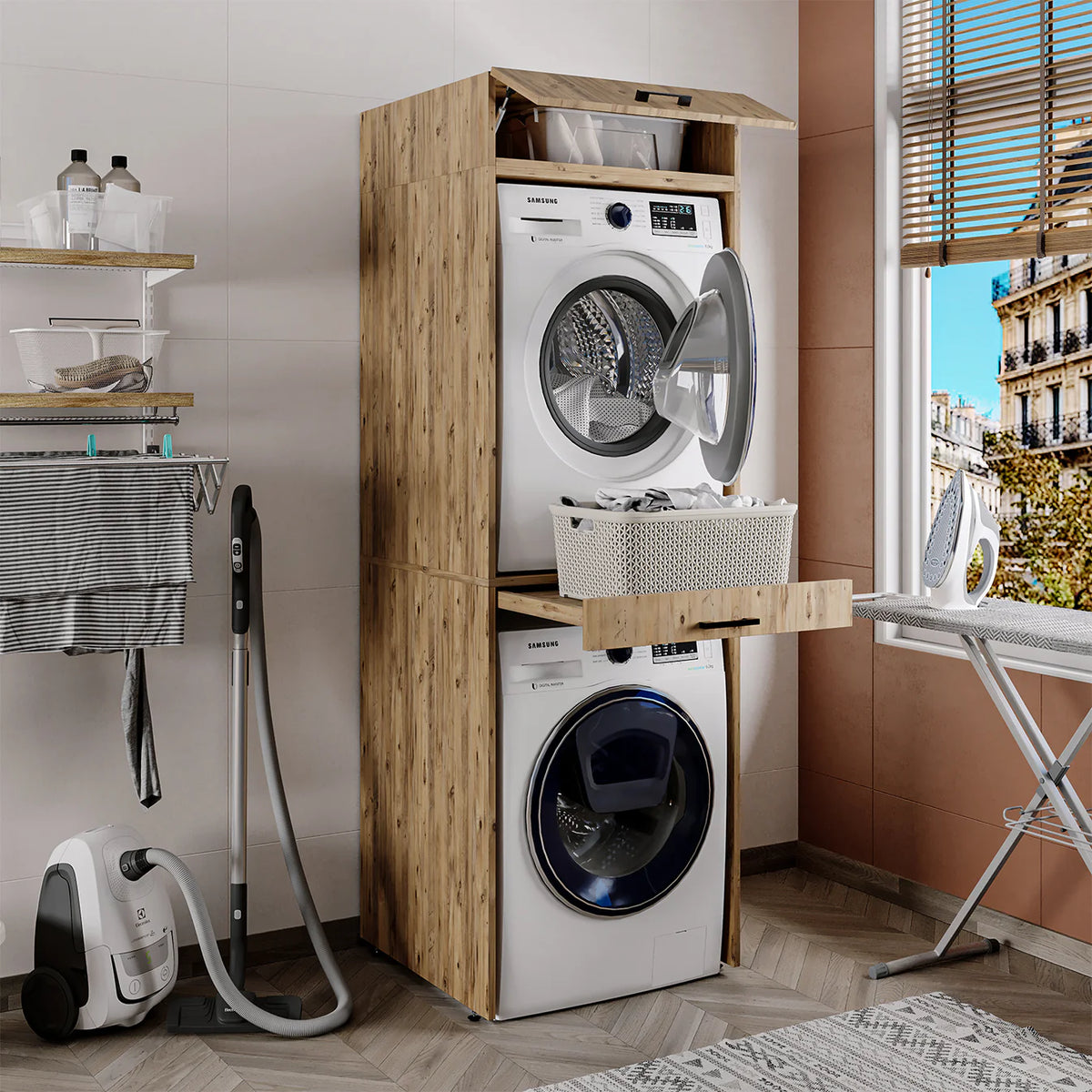 Roomart D Cabinet - Washer Dryer Stacker with Pull-Out Tray, Oak