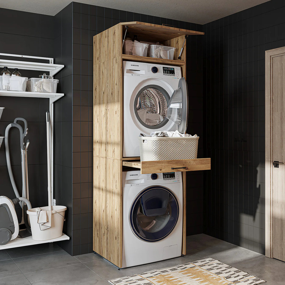 Roomart D Cabinet - Washer Dryer Stacker with Pull-Out Tray, Oak