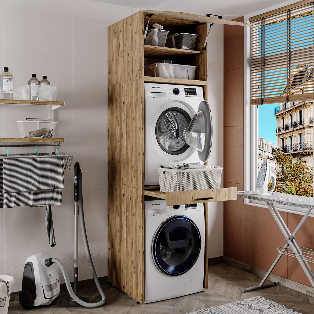 Roomart D Cabinet - Washer Dryer Stacker with Pull-Out Tray, Oak