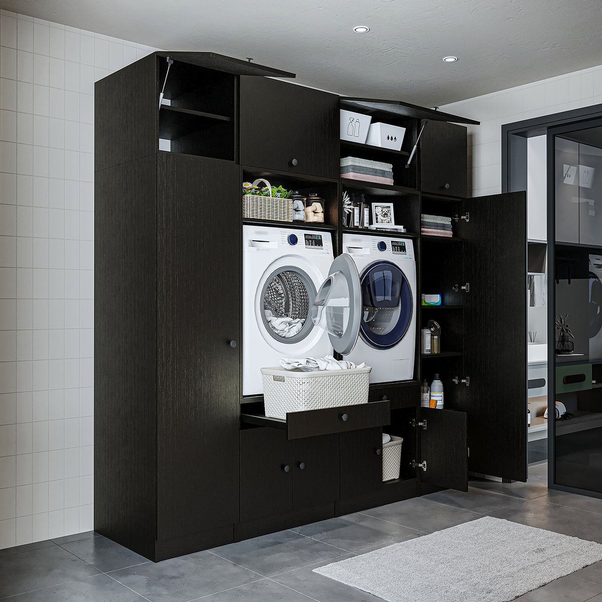 RoomArt 1000 Luxe Line Twin Washer & Dryer with Matching Side Cabinets in Black Oak – view 3