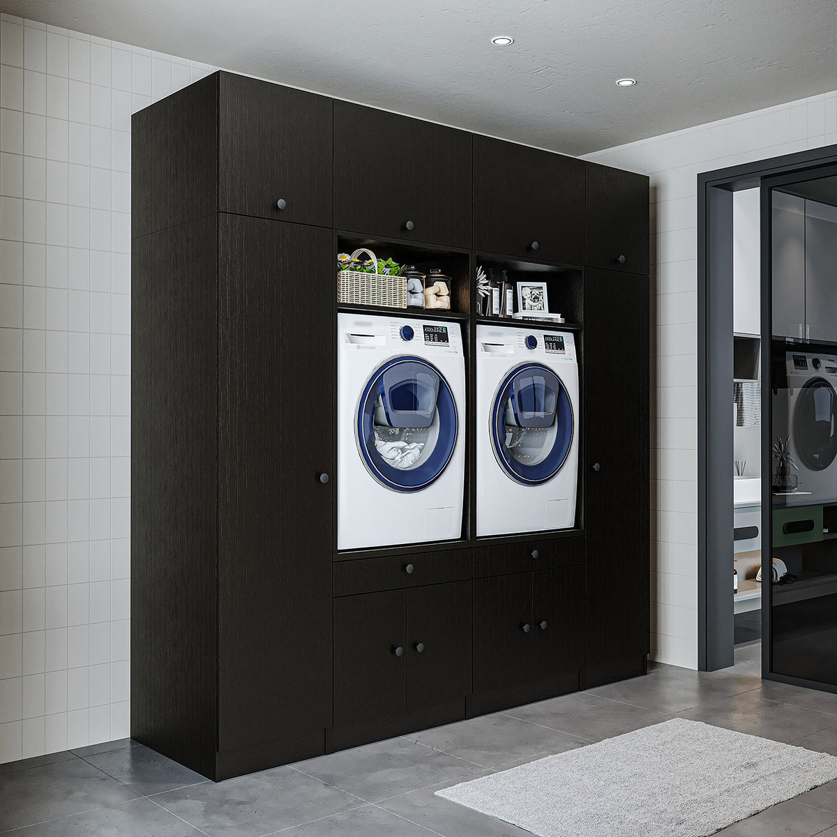RoomArt 1000 Luxe Line Twin Washer & Dryer with Matching Side Cabinets in Black Oak – view 2