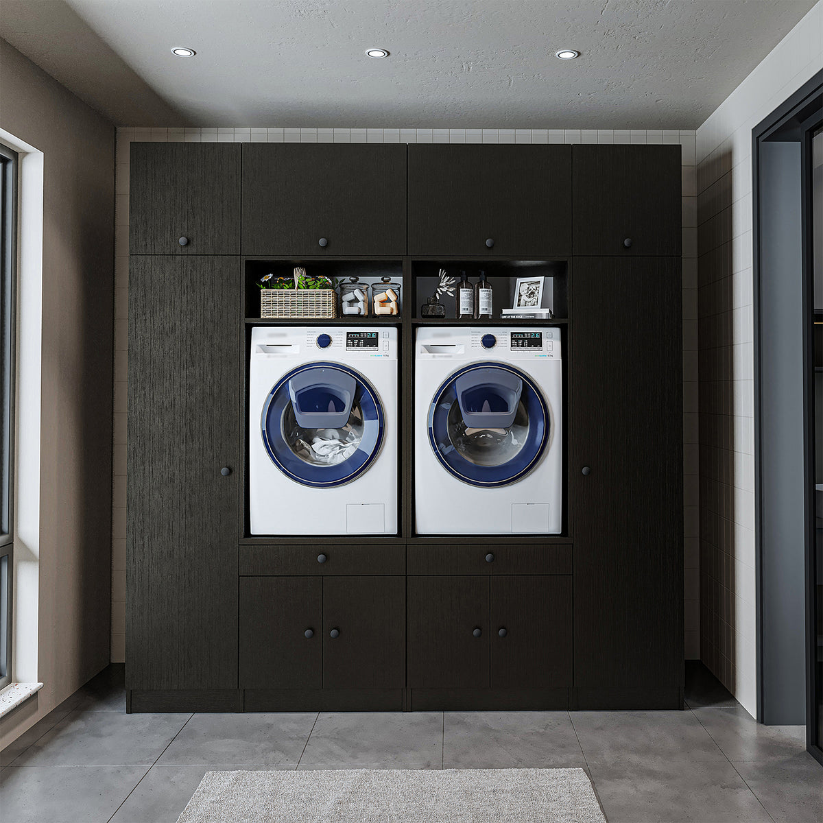 RoomArt 1000 Luxe Line Twin Washer & Dryer with Matching Side Cabinets in Black Oak