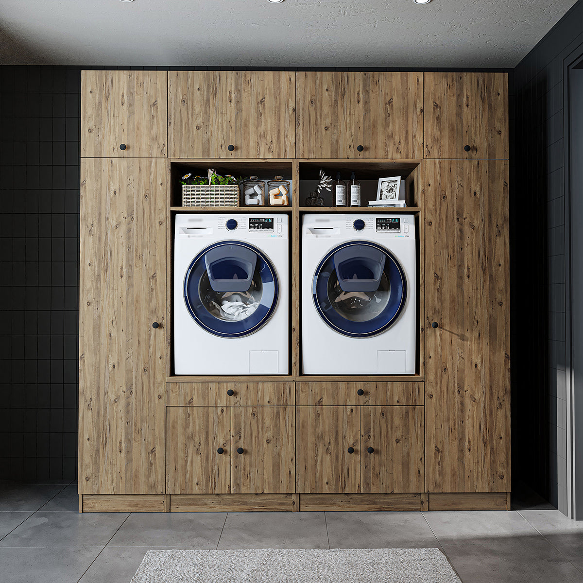 RoomArt 1000 Luxe Line Twin Washer & Dryer with Matching Side Cabinets in Oak