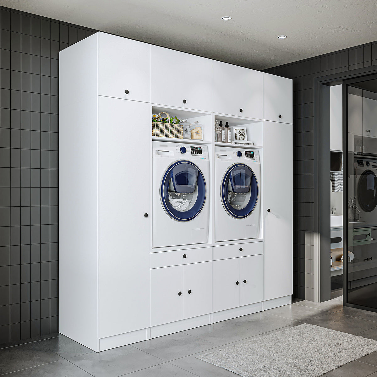 RoomArt 1000 Luxe Line Twin Washer & Dryer with Matching Side Cabinets in White – view 2