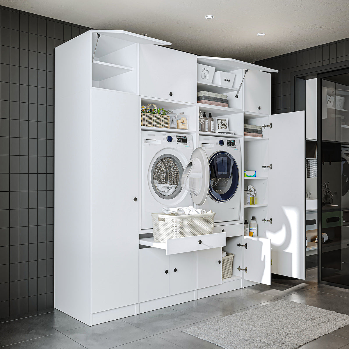 RoomArt 1000 Luxe Line Twin Washer & Dryer with Matching Side Cabinets in White – view 3
