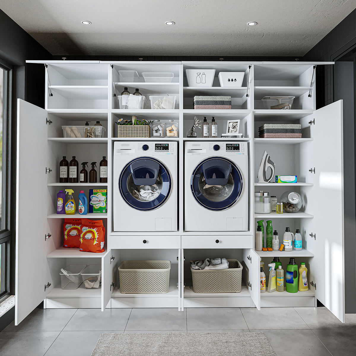 RoomArt 1000 Luxe Line Twin Washer & Dryer with Matching Side Cabinets in White – view 8
