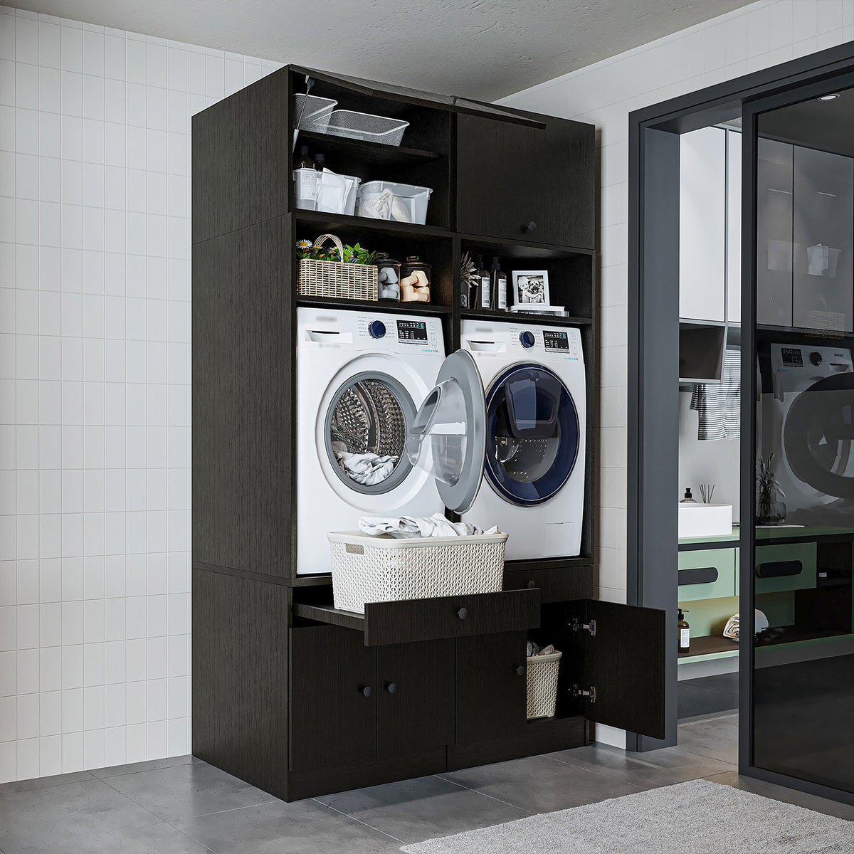 RoomArt 1000 Modular Twin Washer & Dryer Cabinet Set in Black Oak – view 3