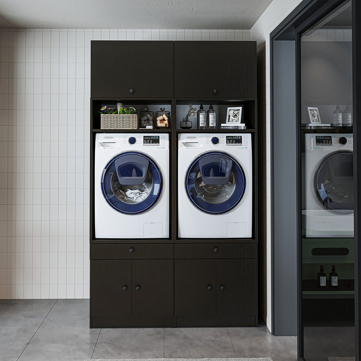 RoomArt 1000 Modular Twin Washer & Dryer Cabinet Set in Black Oak