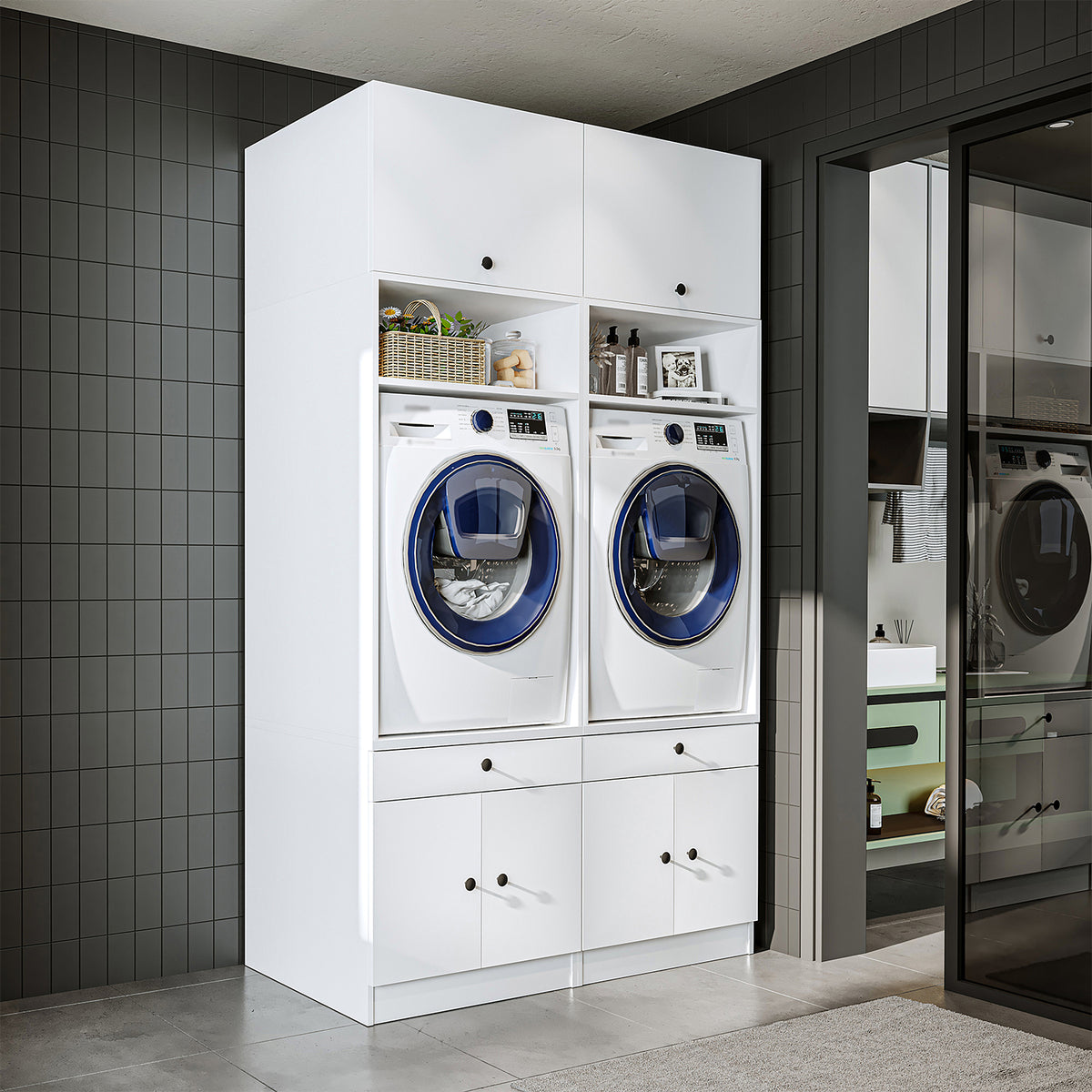RoomArt 1000 Modular Twin Washer & Dryer Cabinet Set in White – view 2
