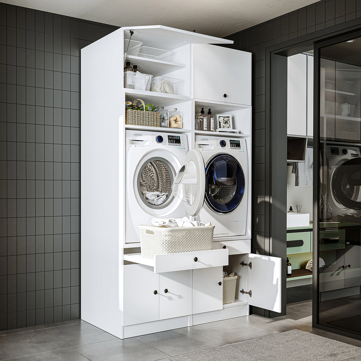 RoomArt 1000 Modular Twin Washer & Dryer Cabinet Set in White – view 3