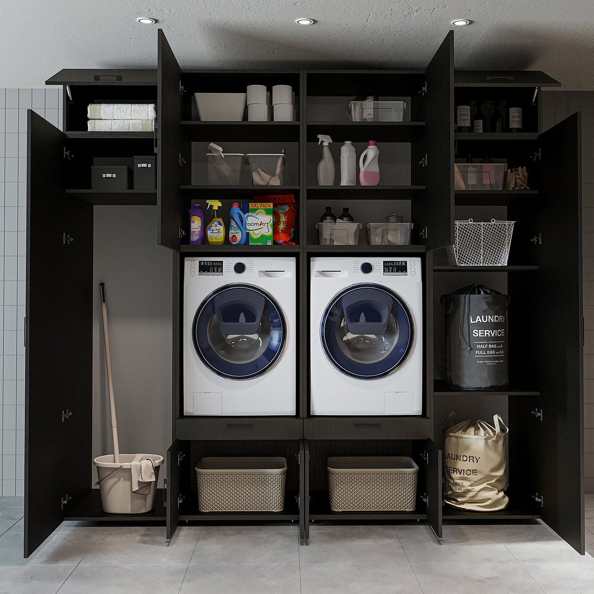 RoomArt A Luxe Line Twin Washer & Dryer Cabinet Set with Side Storage Units in Black Oak – view 11