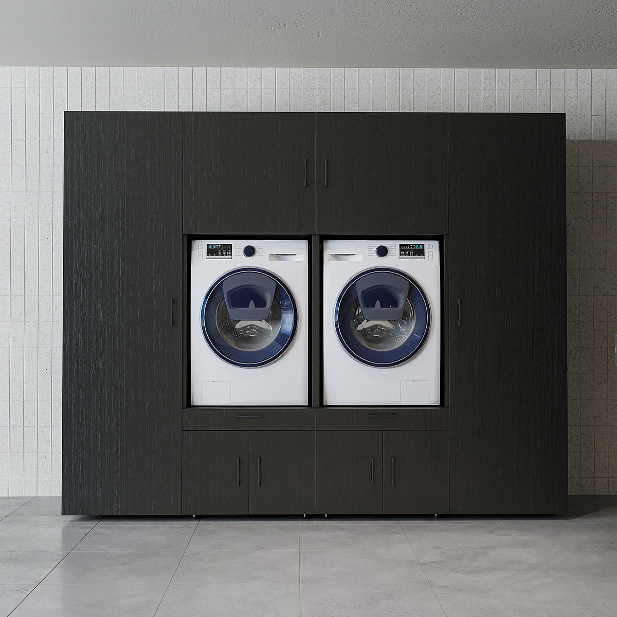 RoomArt A Luxe Line Twin Washer & Dryer Cabinet Set with Side Storage Units in Black Oak