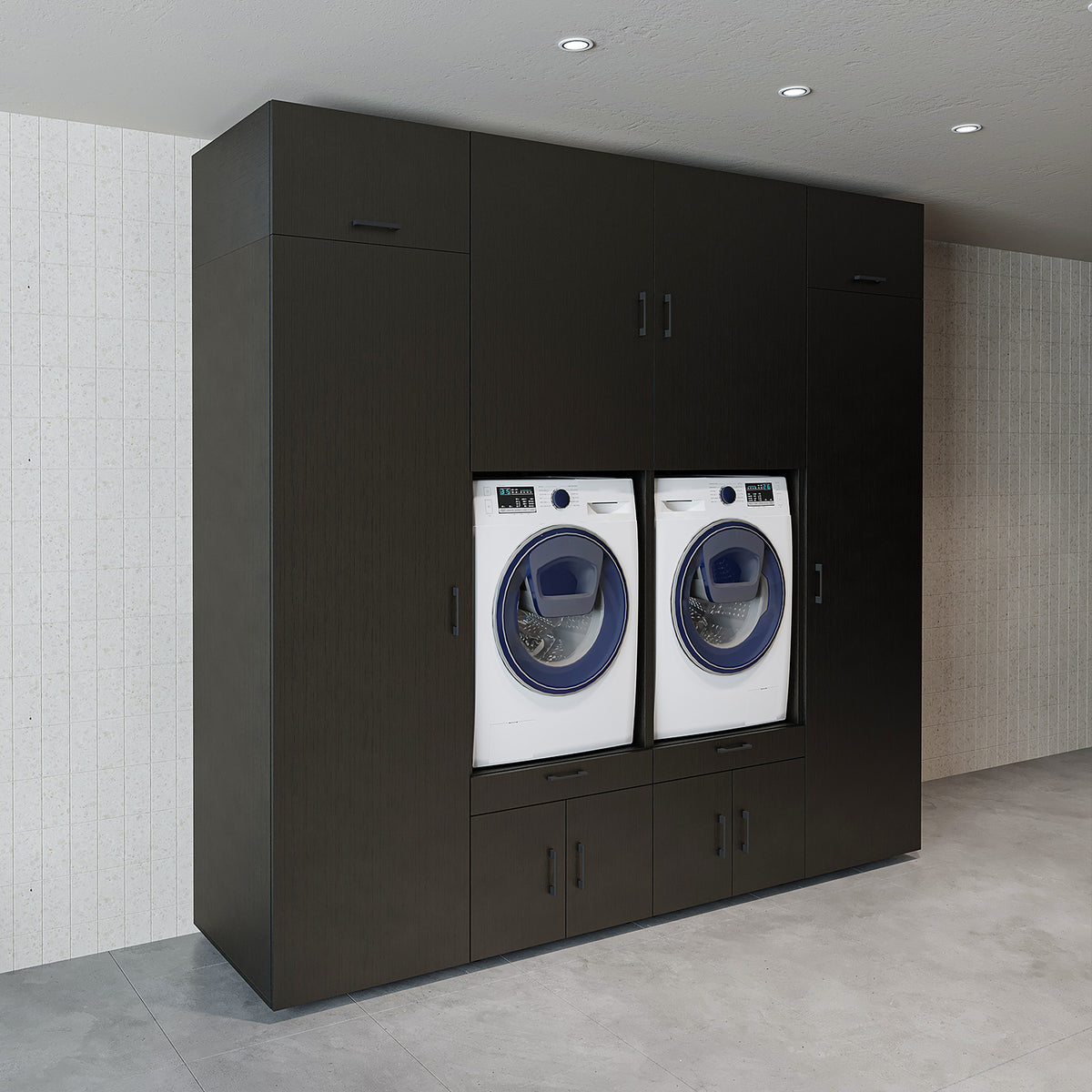 RoomArt A Luxe Line Twin Washer & Dryer Cabinet Set with Side Storage Units in Black Oak – view 8