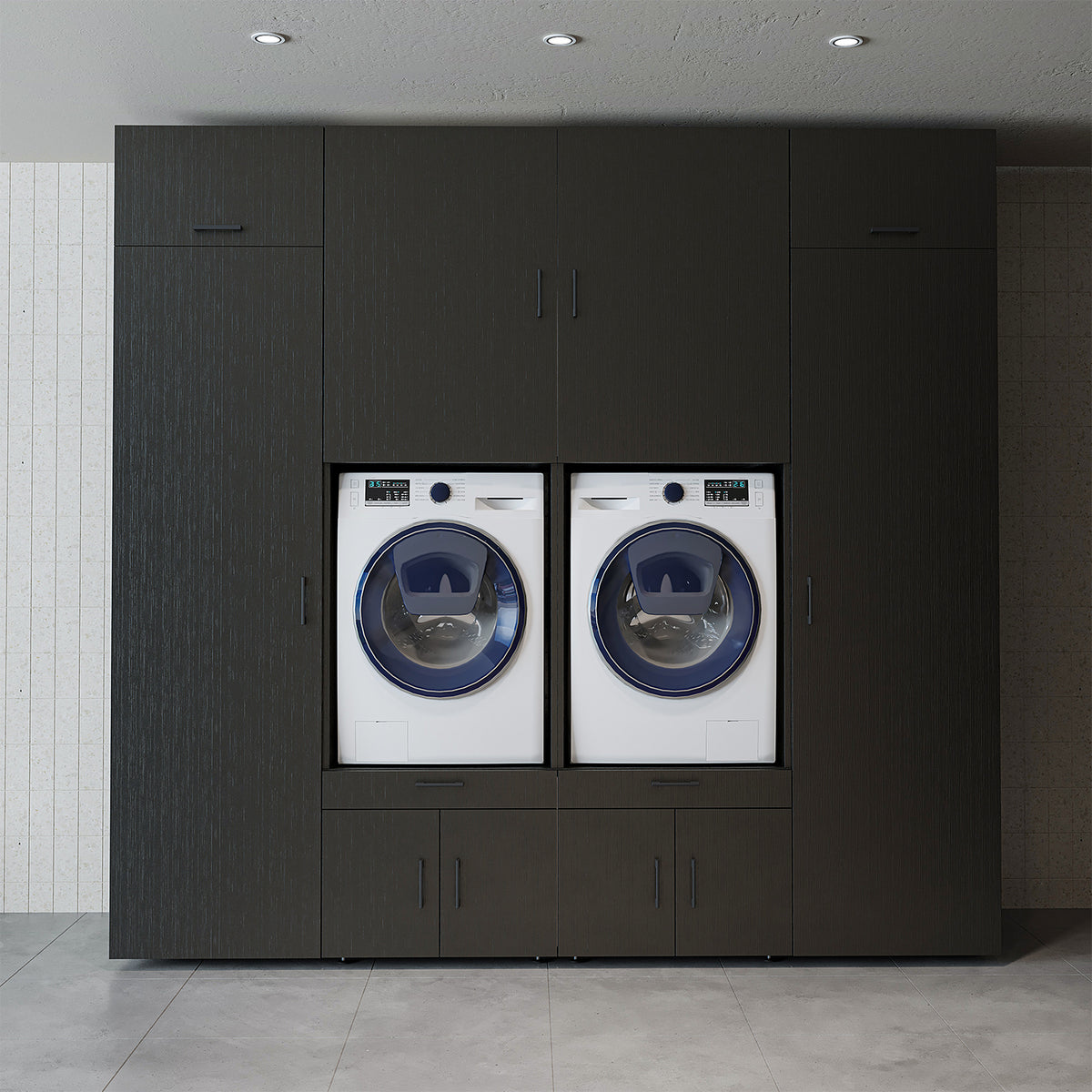 RoomArt A Luxe Line Twin Washer & Dryer Cabinet Set with Side Storage Units in Black Oak – view 7