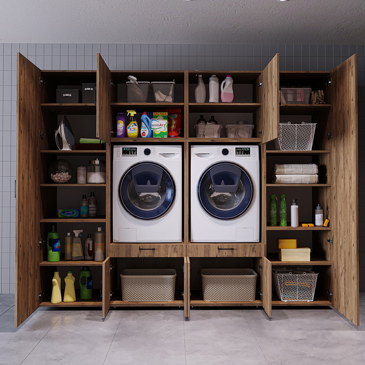 RoomArt A Luxe Line Twin Washer & Dryer Cabinet Set with Side Storage Units in Oak – view 4