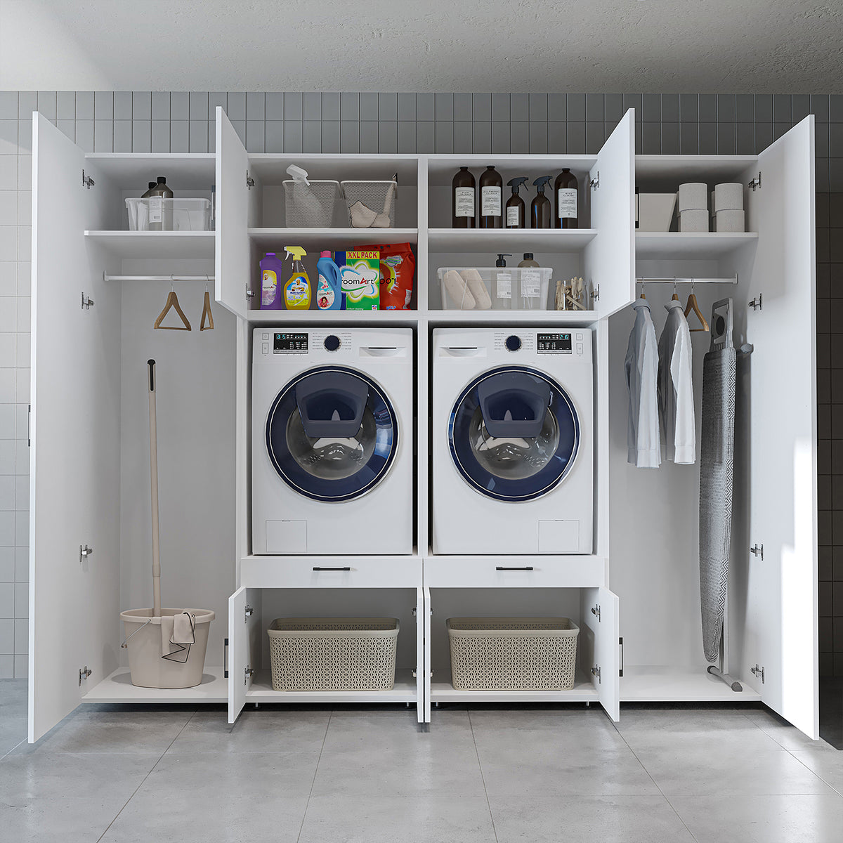 RoomArt A Luxe Line Twin Washer & Dryer Cabinet Set with Side Storage Units in White – view 4