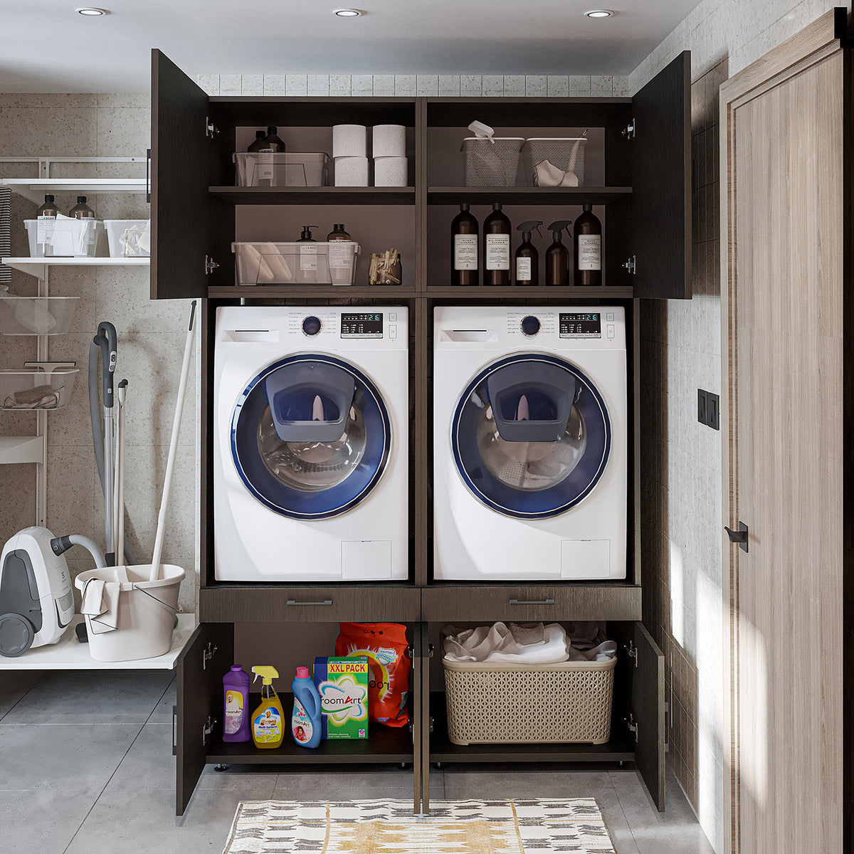 RoomArt A Plus Twin Washer & Dryer Cabinet Set in Black Oak – view 3
