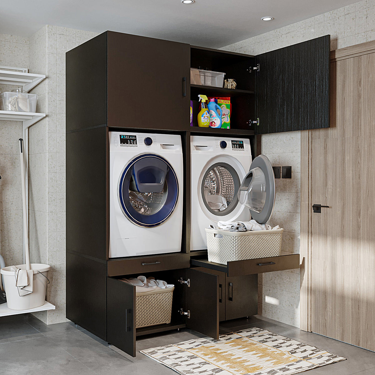 RoomArt A Plus Twin Washer & Dryer Cabinet Set in Black Oak – view 4