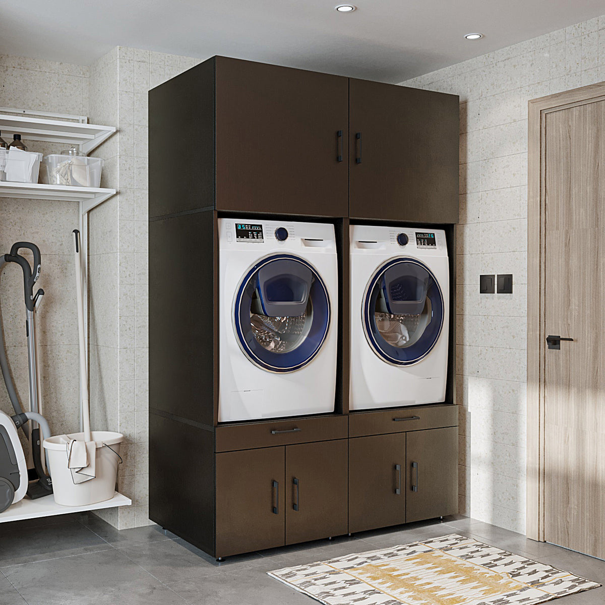 RoomArt A Plus Twin Washer & Dryer Cabinet Set in Black Oak