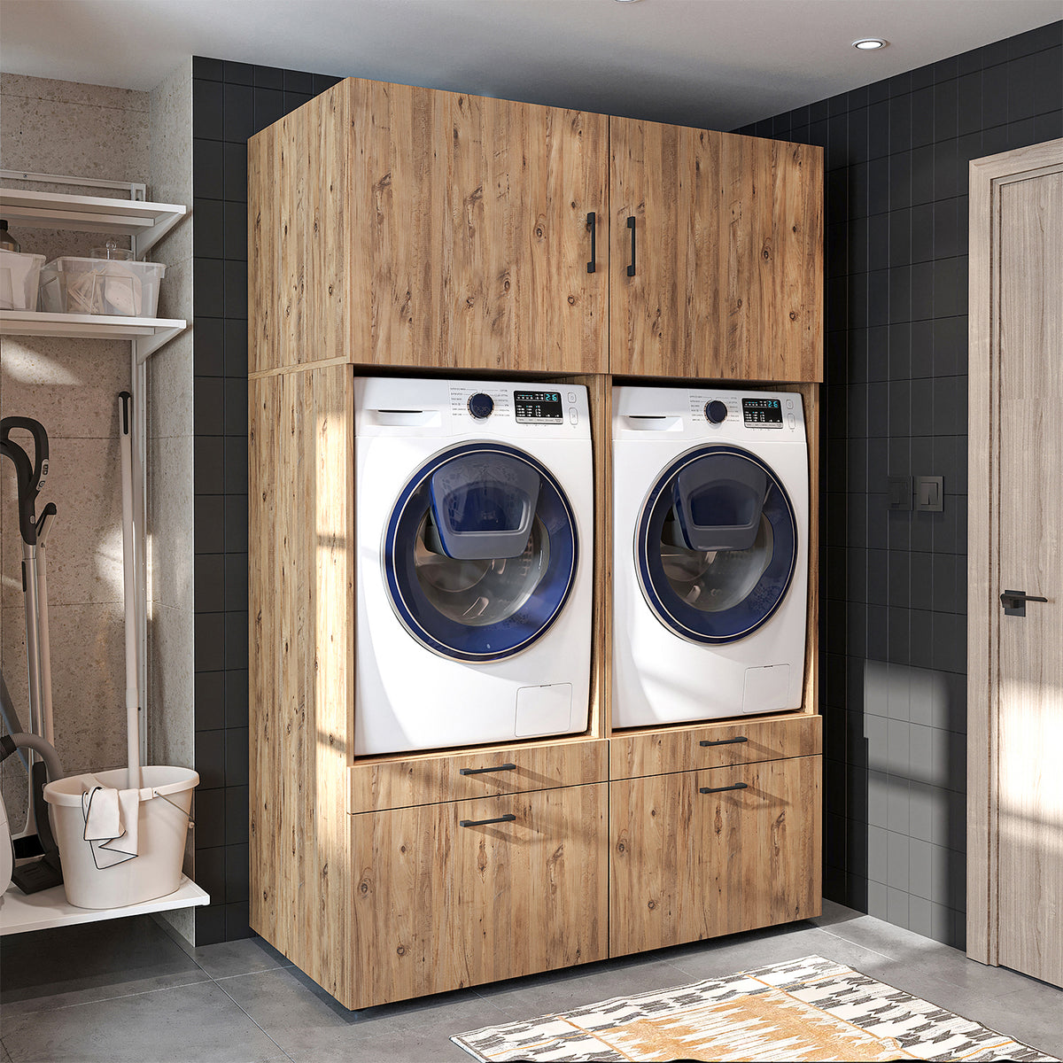 RoomArt A Plus Twin Washer & Dryer Cabinet Set in Oak