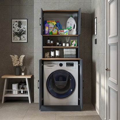 Roomart anthracite washing machine cabinet with doors, shallow shelf, and overhead storage cupboard, UK laundry furniture from front doors open