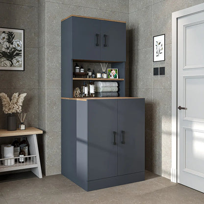 Roomart anthracite washing machine cabinet with doors, shallow shelf, and overhead storage cupboard, UK laundry furniture