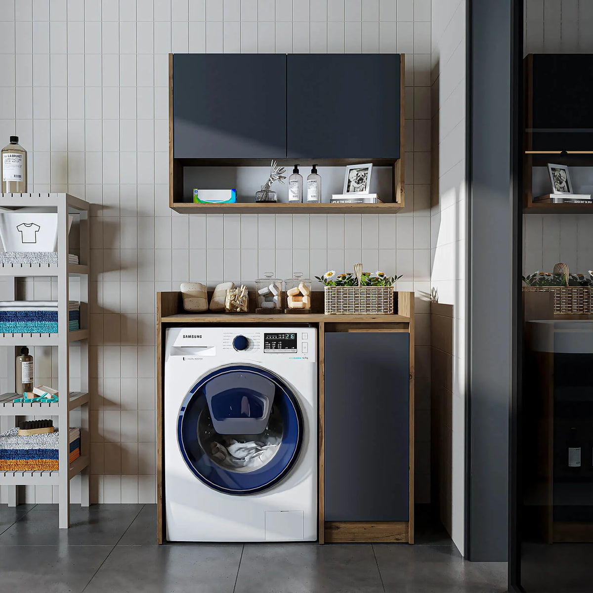 RoomArt Derin Washing Machine Cabinet with Cupboard and Wall Unit, 100cm in Anthracite and Oak – view 3