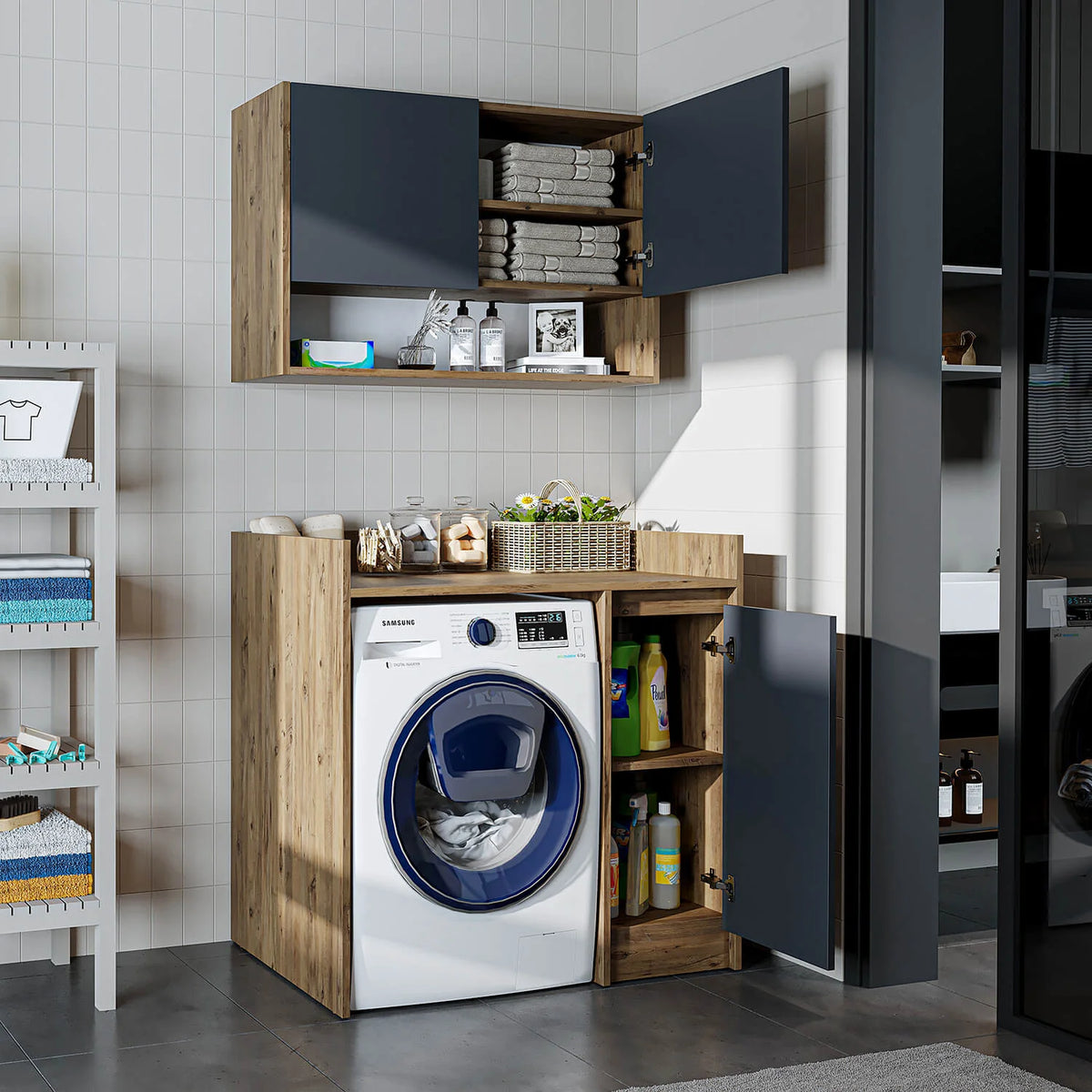 RoomArt Derin Washing Machine Cabinet with Cupboard and Wall Unit, 100cm in Anthracite and Oak – view 2