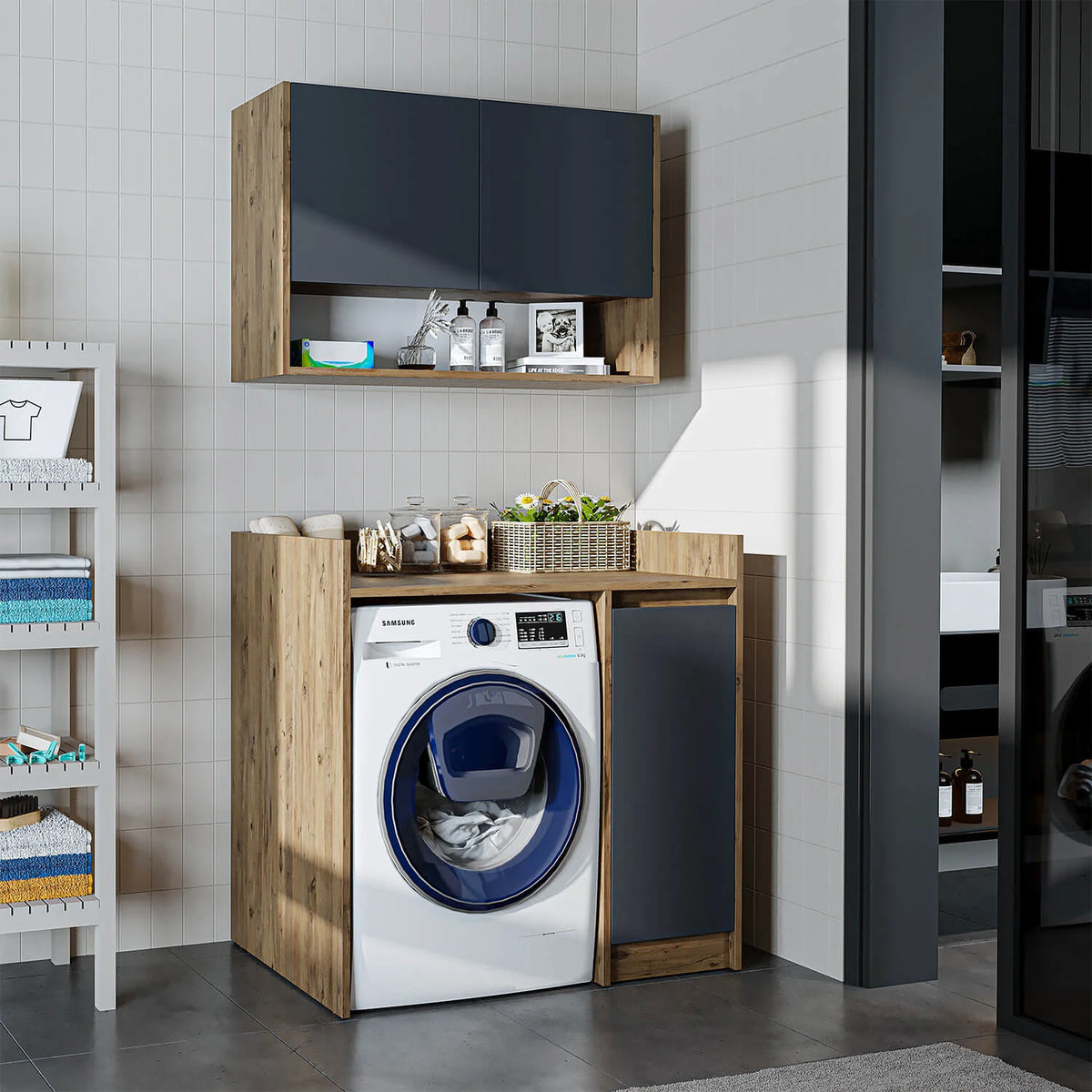 RoomArt Derin Washing Machine Cabinet with Cupboard and Wall Unit, 100cm in Anthracite and Oak