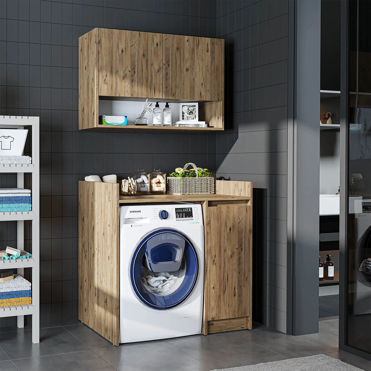 RoomArt Derin Washing Machine Cabinet with Cupboard and Wall Unit, 100cm in Oak